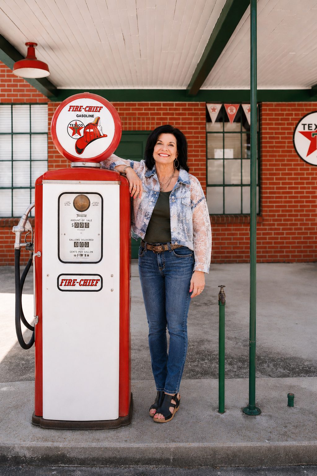 Melissa Sterling beside a vintage gas pump